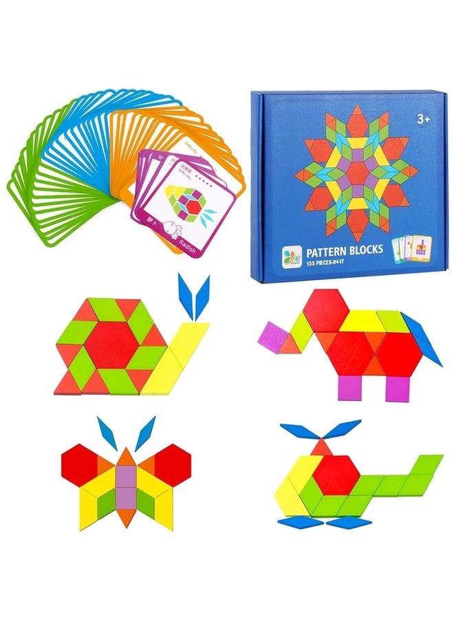 155 Pcs Wooden Pattern Blocks Set Geometric Shape Puzzle STEM Educational Toys For Kids With 24 Flash Cards - Image 1